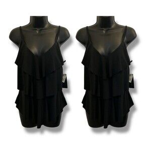 Set of 2 NWT Aqua Green Black Tiered Tankini Tops Women’s Size L 12/14 Swim